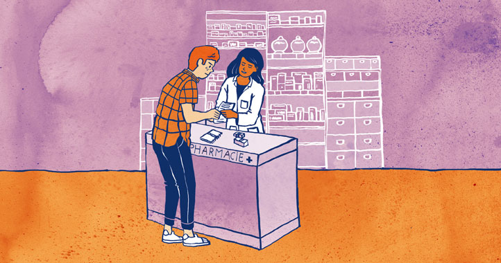 Cette illustration réalisée par l'artiste Sandrine Bonini représente une pharmacienne dans son officine. Elle est occupée à conseiller un patient. Ce dernier lui présente une ordonnance.